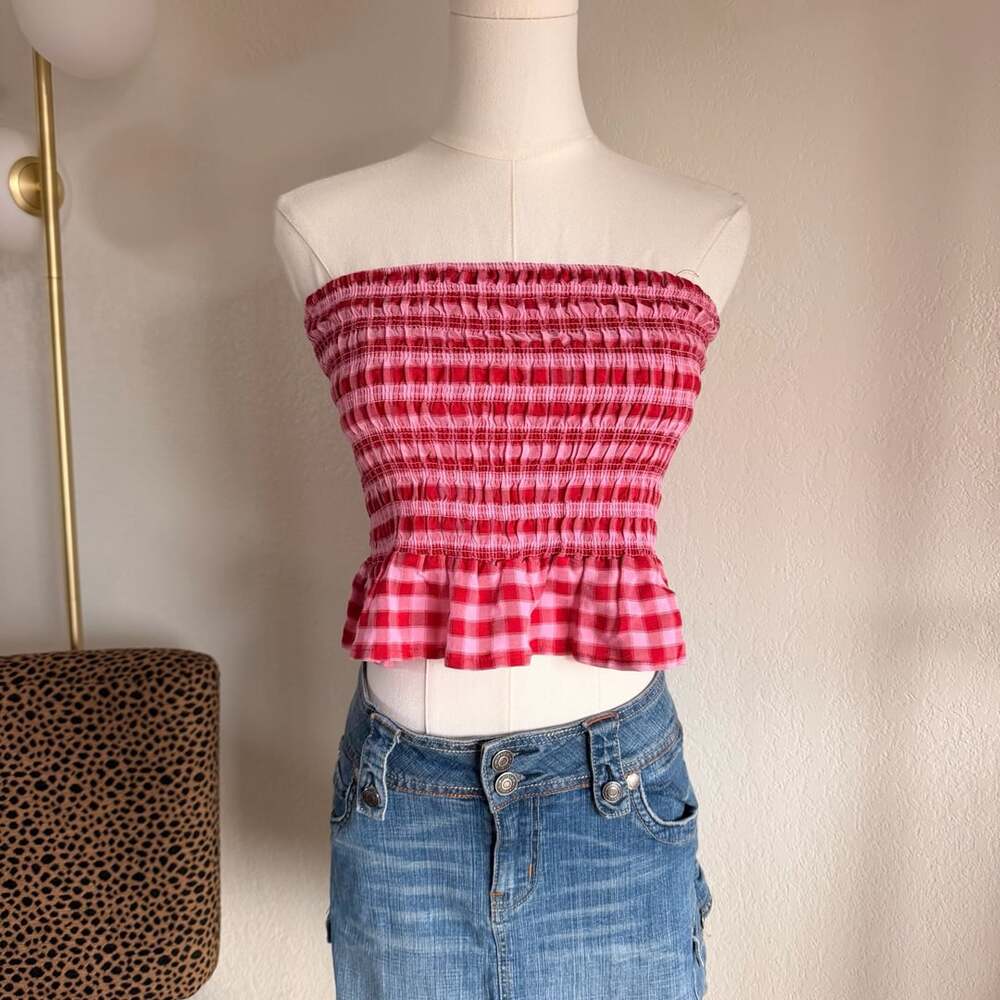 Full Tilt Smocked Plaid Peplum Tube Top Red Gingham